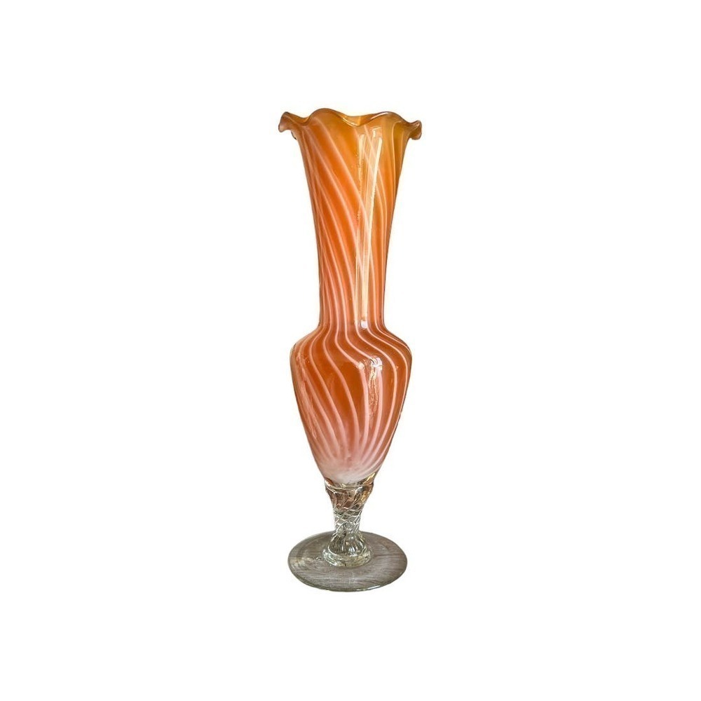 Art Glass Blown 8.5” Bud Vase Orange & White Stripes Ruffled Rim MCM